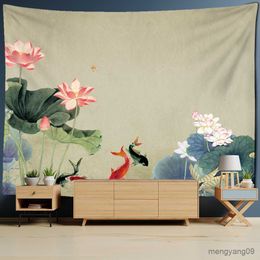 Tapestries Lotus Fish Background Tapestry Style Wall Art Minimalist Aesthetic Room Wall Hanging R230815