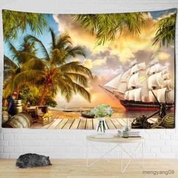 Tapestries Sunset Coconut Tree Sailboat Tapestry Wall Hanging Aesthetic Room Art Simple Dorm Living Room Decor R230815