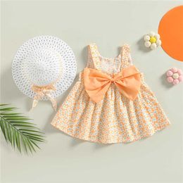 Girl's Dresses 2Pcs/Set Summer Baby Girl Suspender Dresses Children Clothes Suit Flower Bow Fashion Kids Costume Send Hat To Years