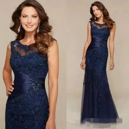Navy Blue Sheer Neck Elegant Mother Of The Bride Dresses New Arrival Lace Long Mermaid Party Gowns Wedding Guest Evening Dress
