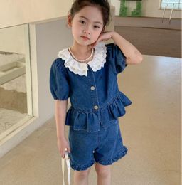 Clothing Sets 2023 Arrivals Girls 2Pcs Denim Set Ruffles Shirt Shorts Summer Fashion Kids Suits 2-8 Years