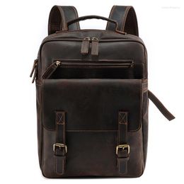 Backpack High Quality Vintage Brown Thick Durable Genuine Crazy Horse Leather 15.6'' Laptop Women Men Male Travel Bag M6582
