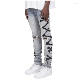 Men's Jeans Ripped For Men Stretch Slim Printed Bones Skinny Pants Hip Hop Denim Trousers Streetwear Casual Stacked Blue