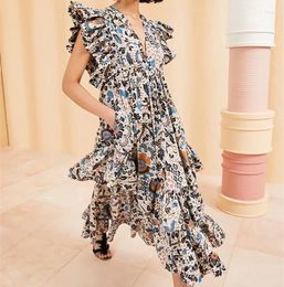 Casual Dresses Women Vintage Flower Printed V-Neck Butterfly Sleeve Cotton Midi Dress
