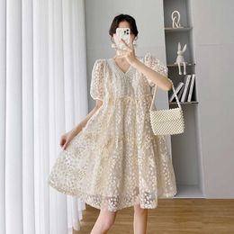 Palace Style Maternity Dress Summer Fashion Embroidery Lace Short-sleeved Loose Casual Skirt Summer New Elegant Pregnancy