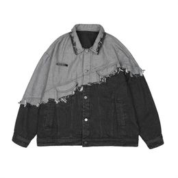 Mens Jackets Colour Contrast Spliced Tassel Denim Jacket Men Vintage Oversize Loose Patchwork Jeans Coat for Man 230815
