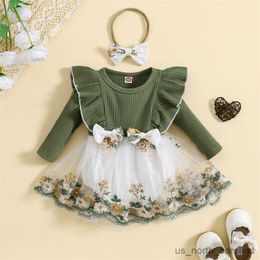 Girl's Dresses Infant Baby Girl Fall Jumpsuit Outfits Long Sleeve Romper Dress Floral Embroidery Patchwork Rompers Headband 2pcs Clothes R230815