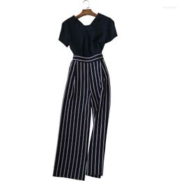 Women's Tracksuits Summer Chic Chiffon V-neck Short Sleeve Shirt Top And Trendy Striped Wide Leg Pants Office Lady 2 Pieces Fashion Set