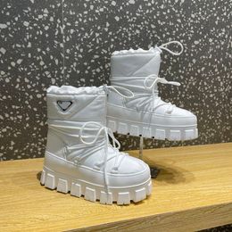 Top Quality Nylon Plaque Ankle Ski Snow Boots Slip-On Chunky Booties Round Toe Boot Mulheres Designer de Luxo Moda Lace Up Sapatos Calçado de Fábrica Tamanho 35-42 com Caixa