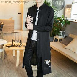 Men's Jackets Men's linen embroidery crane jacket and kimono vintage long skirt jacket Chinese style loose fitting men's street clothing Z230816