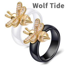 New Fashion Black & White Ceramic Bee Animal Womens Finger Ring Band Allergy Proof Wedding Engagement Jewelry Birthday Gifts for Girls Women Wholesale