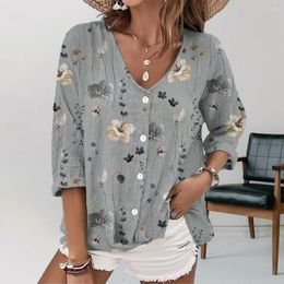 Women's Blouses Lightweight Shirt Casual Women Top Flower Print V Neck T-shirt Soft Colorfast Spring-fall Blouse With Long