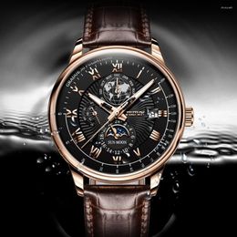 Wristwatches JSDUN 2023 Business Men's Sports Mechanical Watch Moon Phase Leather Luxury Automatic Waterproof Montre Homme 8909