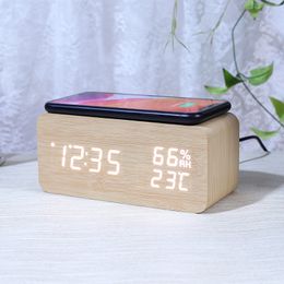 Desk Table Clocks Digital Clock Wooden Alarm Wireless Charging for Bedroom LED Display Thermometer Humidity 230815