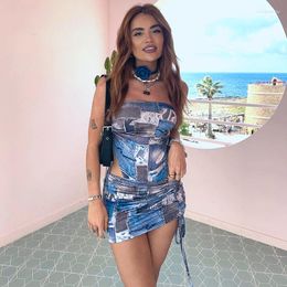 Work Dresses 2 Piece Denim Printed Bodysuits Drawstring Skirts Women Sets Sleeveless Bandage Mini Bodycon Two Outfits