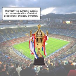 Decorative Objects Figurines Large Gold Trophy Cup Custom Trophy Colourful Ribbon Gold Award For Sports Tournaments Competitions League Match 230814