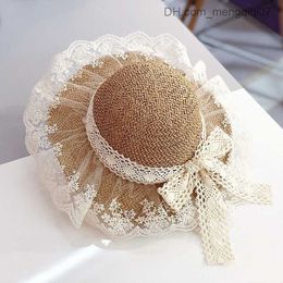 Caps Hats Children's Lace Bow Sun Hat Children's Sweet Lace Straw Hat Baby Girl Spring/Summer Wide Brim Sunhat Z230815