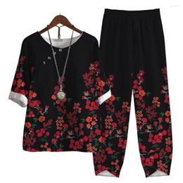 Women's Two Piece Pants Trendy T-shirt Trousers Set Crew Neck Top Elastic Waistband Summer Colourful Floral Print Workwear