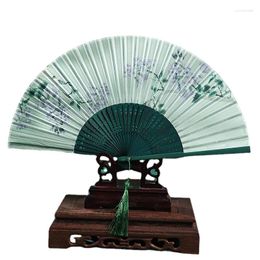 Decorative Figurines Chinese Style Han Costume Folding Fan Women's Small Suzhou Retro Printed Tassel Green Lingjuan Bamboo