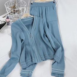 Women's Two Piece Pants Elegant Zipper Knitted Cardigan 2 Set Women 2023 Autumn Long Sleeve V-Neck Top Sweatpants Korean Fashion Harem Pant