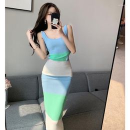 Casual Dresses Summer Stripe Contrast Colours Camis Midi Dress Girls Elegant Backless Bandage Slim Bodycon Long For Women