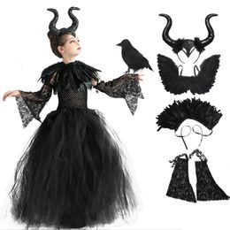 Girl s Dresses Girls Halloween Evil Dark Queen Costume Deluxe Black Swan Kids Ball Gown Robe Children Cosplay Clothes 230814