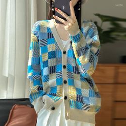Women's Knits Wool Cardigan Knit Sweater V-neck Mosaic Loose Plus Size Cashmere Coat Can Be Worn In Spring Autumn And Winter