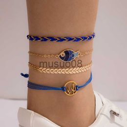 Anklets Tocona 4pcs/sets Bohemian Blue Rope Anklets for Women Cute Fish Hollow Geometry Alloy Metal Foot Chain Summer Jewellery 16592 J230815
