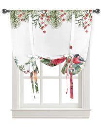 Curtain Christmas Eucalyptus Berries Robin Window Curtain for Living Room Bedroom Balcony Cafe Kitchen Tie-up Roman Curtain