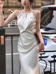 Casual Dresses 2023 Summer Stain Midi Dress Office Lady Sleeveless Beach Style Even Party Formal Women Slim Korean Female