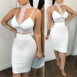 Work Dresses Fashion Sexy 2 Piece Sequin Set Women Lace Crop Top And Skirt Clubwear Outfits 2023 Summer Dress Bandage Matching Sets