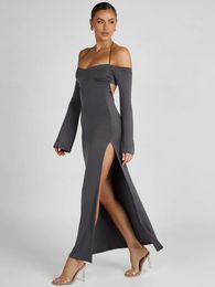 Casual Dresses Mozision Strapless Off-shoulder Maxi Dress For Women Autumn Grey Long Sleeve Backless Bodycon Split Sexy Elegant