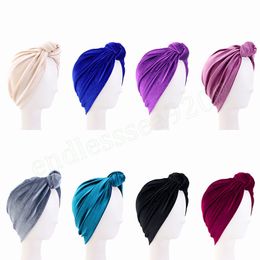 New Women Velvet Top Knotted Turban Caps Winter Warm Muslim Hijab Hat African Twist Headwrap Bonnet Ladies India Hat Chemo Cap
