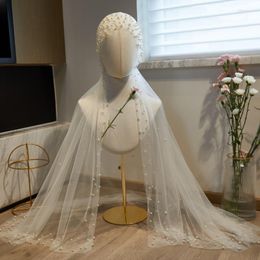 Bridal Veils 2023 Tulle Scarf Wedding Veil Elegant Head Cover Headdress With Pearls Beading Velo Novia Voile Femme Musulman