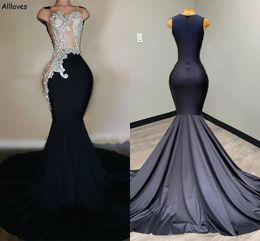 Vintage Sexy Black Mermaid Prom Dresses Arabic Aso Ebi Silver Crystals Lace Appliqued Vintage Formal Gowns Court Train Women Second Reception Evening Dress CL2715