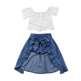 Clothing Sets Newborn Girl Kid Lace Off-shoulder T-shirt Top + denim Ruffles Fishtail Pants Bowknot Dress Party Outfits Clothing