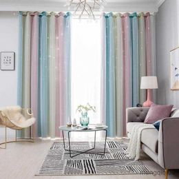 Curtain 100x250CM Romantic Rainbow Colour Sheer Curtain Girl Kids Bedroom Full Blackout Window Drapes Hollow Star Curtain Home Decor R230815