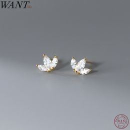 Stud WANTME 925 Sterling Silver Shiny Small Leaf Zircon Stud Earrings for Women Fashion Korean Teen Crown Piercing Pendientes Jewelry 230814