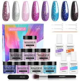 Nail Dip Powder Kit 8 Colors Glitter Purple Pink Blue Nails Powder Set With Liquids Base Top Coat Nail Remover Pads Dip Powder Set