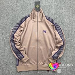 Mens Jackets Taupe Needles Track Jacket Men Women Knitted Purple Stripe Poly Smooth Needles Jackets Butterfly Sport Coat 230815