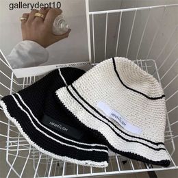 Handwoven Hollow Black and White Stripe Knitted Round Top Fisherman Hat Women's Mesh Red Versatile Bucket Woolen Hat Pot Hat