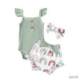 Clothing Sets 0-18M Baby Girls Lovely Clothes Sets 3pcs Fly Sleeve Solid Romper Tops Short/Flare Pants Headband R230815