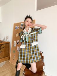 Women's Polos British Wind Bows Plaid Retro French Dress Shirt Female Design Feels Hubble-bubble Sleeve In The Summer Of 2023