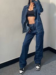 Women's Jeans Spring European and American Girls Loose Dark Blue Denim Suit Solid Colour Lapel Jacket High Waist Straight Pants 230814