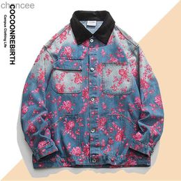 Autumn Flower Rose Print Denim Jacket Unisex Men Baseball Bomber Unisex Women Varsity Coat High Street Cotton Chic Spring HKD230815