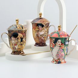 Mugs Bone China Coffee Mug with lid and spoon Antient Klimt painting Porcelain Tea cups with lid Wedding Birthday Gift 230814