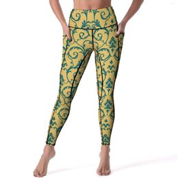 Women's Leggings Baroque Floral Yoga Pants Sexy Gold Blue Graphic Push Up Gym Leggins Lady Sweet Elastic Sports Tights