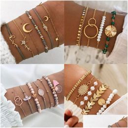 Cuff New Gold Bracelet Female Cute Simple Moon Star Coin Pearl Braid Bead Jewelry Set Hypoallergenic Gift Drop Delivery Bracelets Dhmsl