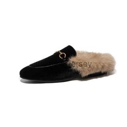 Slippers Women Shoes Designer Black Blue Red Corduroy Metal Chain Rabbit Hair Woman Fur Slides Slip On Loafers Flip Flops 35-41 J230815