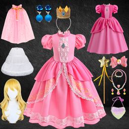 Girls Dresses Game Movies Birthday Party Girls Peach Dress Prom Pink Puff Sleeve Lace Long Dresses Aurora Halloween Cosplay Costume 230814